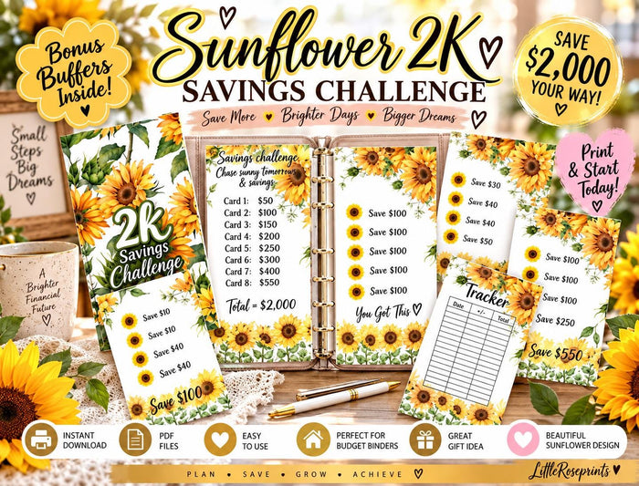Sunflower 2K Savings Challenge Bundle | Printable Cash Stuffing Tracker (Digital Download)