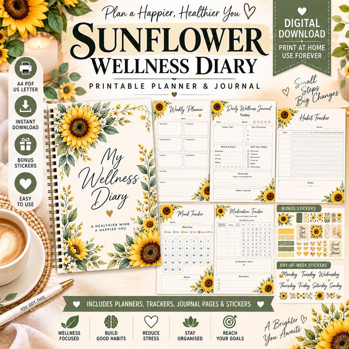 Sunflower Wellness Diary Printable Planner | Daily Journal, Habit Tracker (Digital Download)
