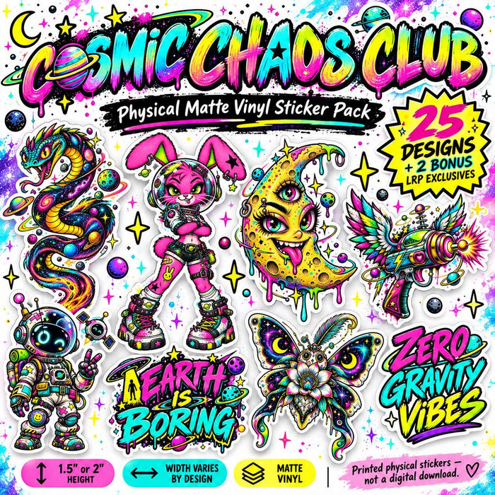 Cosmic Chaos Club Vinyl Sticker Pack | Neon Space Stickers | Alien Galaxy Matte Die Cut Stickers | 1.5 or 2 Inch