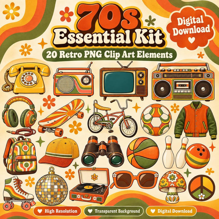 70s Clipart Bundle, 30 Retro PNG Graphics, Groovy Vintage Clip Art, Disco Hippie Sublimation PNG, Retro Digital Download