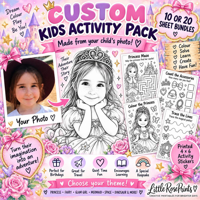 Personalised Girls Activity Pack from Photo | Custom 4x6 Colouring Sticker Sheets | Mermaid Fairy Princess Space Girl | 10 or 20 Pack