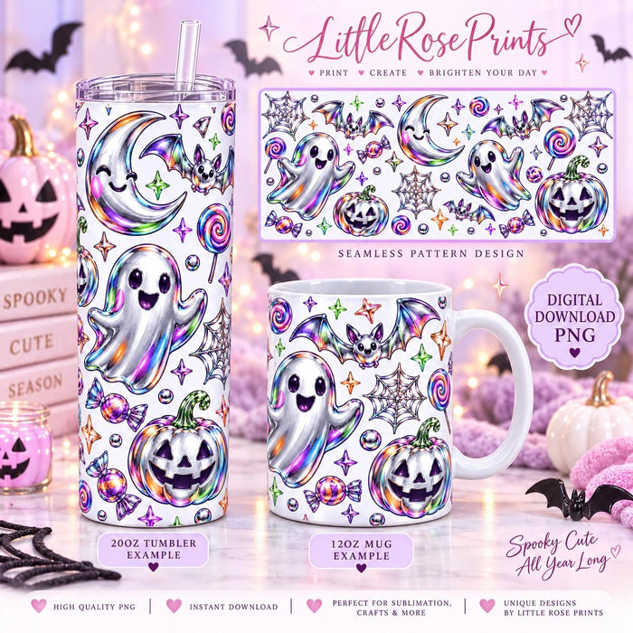 Halloween Sublimation Wrap Bundle | 12oz Mug 14oz Bottle 20oz Tumbler PNG | Chrome Ghost Pumpkin Halloween Digital Download