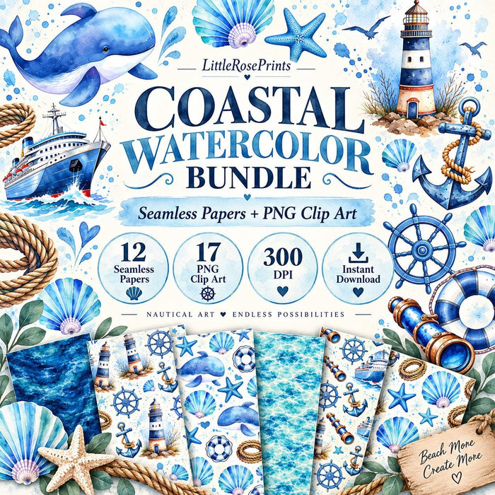 Nautical Watercolor Bundle | 12 Seamless Papers + 17 PNG Clip Art | Coastal Ocean Digital Paper | Lighthouse Whale Anchor Graphics