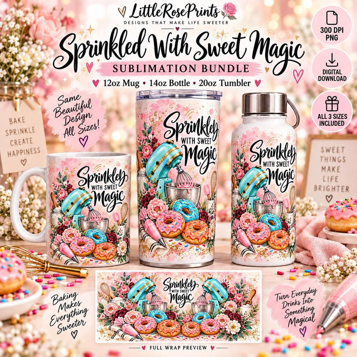 Baking Sublimation Wrap Bundle | 20oz Tumbler, 14oz Bottle, 12oz Mug PNG | Donut Mixer Baker Digital Download