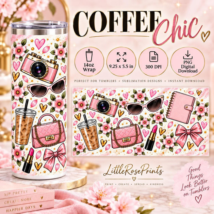 Coffee Lover Sublimation Wrap Bundle | 20oz Tumbler, 14oz Bottle, 12oz Mug PNG | Pink Girly Coffee Chic Digital Download