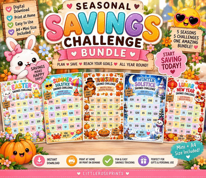 Savings Challenge Bundle PDF | 12 Seasonal Money Saving Trackers | Cash Stuffing Budget Printable | A4 & Mini