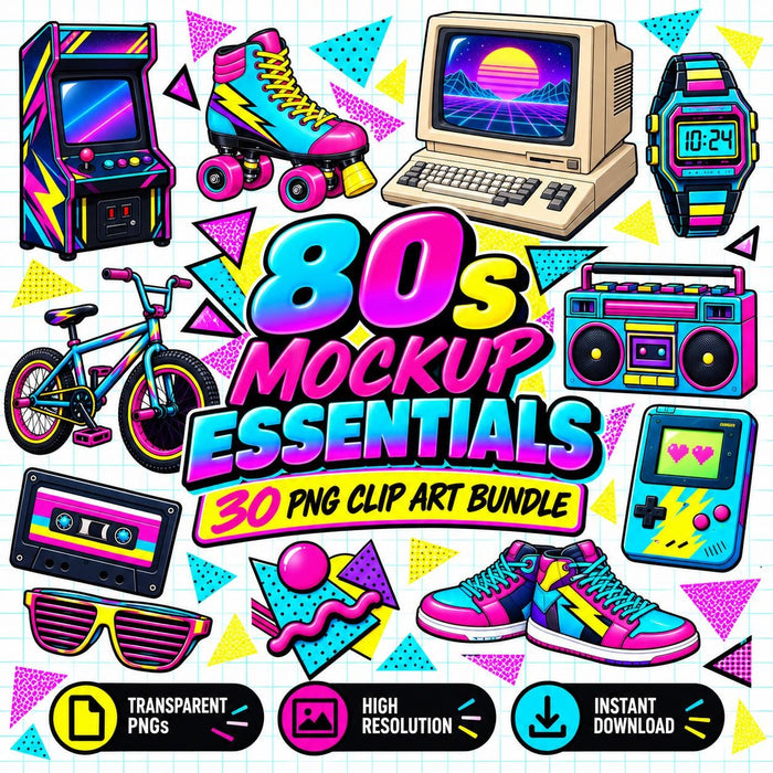 80s Retro Clip Art Bundle | 30 Neon PNG Elements | Vintage 1980s Digital Graphics | Arcade Cassette Boombox Instant Download