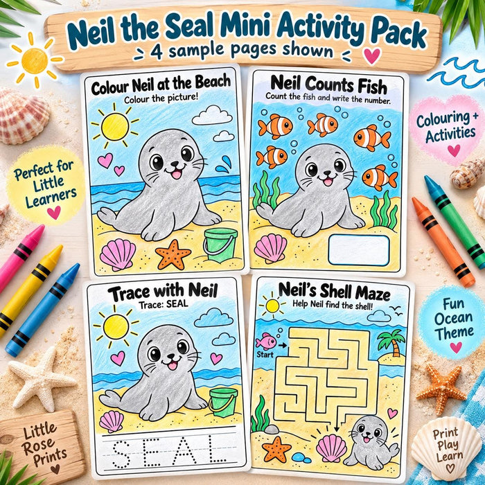 Neil the Seal Kids Activity Sticker Pack | 4x6 Colouring & Puzzle Sheets | Physical Thermal Stickers | Ocean Kids Busy Pack