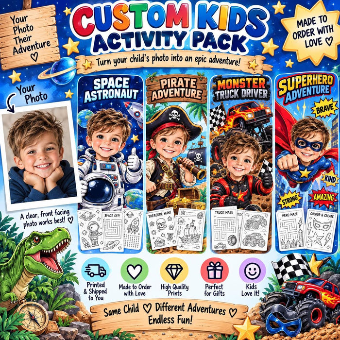 Personalised Kids Activity Pack from Photo | Custom 4x6 Colouring Sticker Sheets | Space Pirate Monster Truck Superhero | 10 or 20 Pack