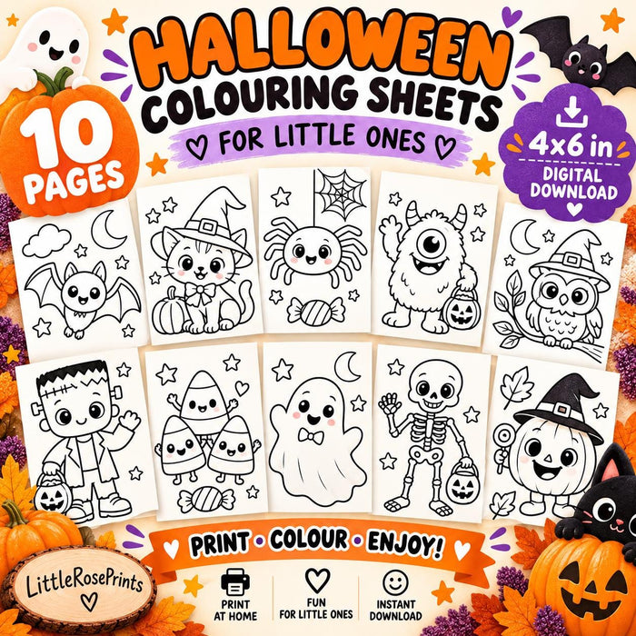 Halloween Kids Coloring Pages, 10 Printable 4x6 Sheets (Digital Download)