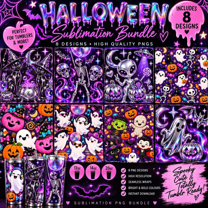 Halloween Tumbler Wrap PNG Bundle | 8 Spooky Sublimation Designs | 12oz 14oz 20oz Tumbler Wraps | Cute Halloween PNG