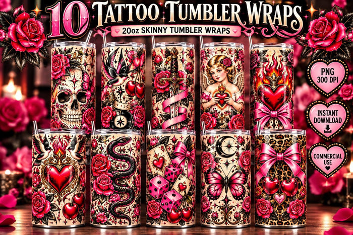 10 Tattoo Tumbler Wrap Bundle | 20oz Skinny Tumbler PNG | Pink Tattoo Flash Roses Skull Snake Hearts | Sublimation Digital Download