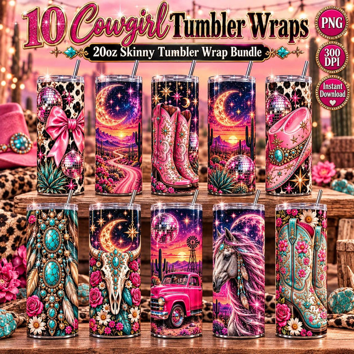 10 Cosmic Cowgirl Tumbler Wrap Bundle | 20oz Skinny Tumbler PNG | Pink Western Sublimation | Cowgirl Boots Desert Moon Digital Download