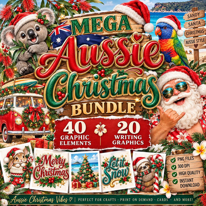 Aussie Christmas PNG Bundle | 60 Australian Christmas PNGs | Koala Santa Sublimation Designs | Christmas Sayings | Festive Clipart