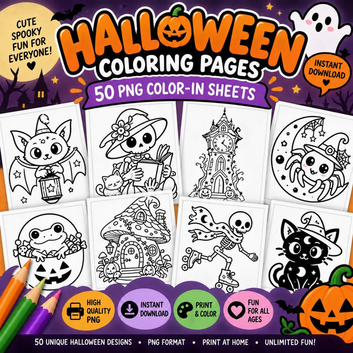 50 Halloween Coloring Pages for Kids | Printable Halloween Activity Bundle | Spooky Coloring Sheets | Digital PNG Download