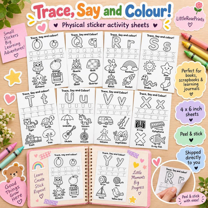 Alphabet Tracing Sticker Activity Sheets | 25 Physical 4x6 Kids Learning Stickers | ABC Handwriting Practice | Colouring Activity Pack