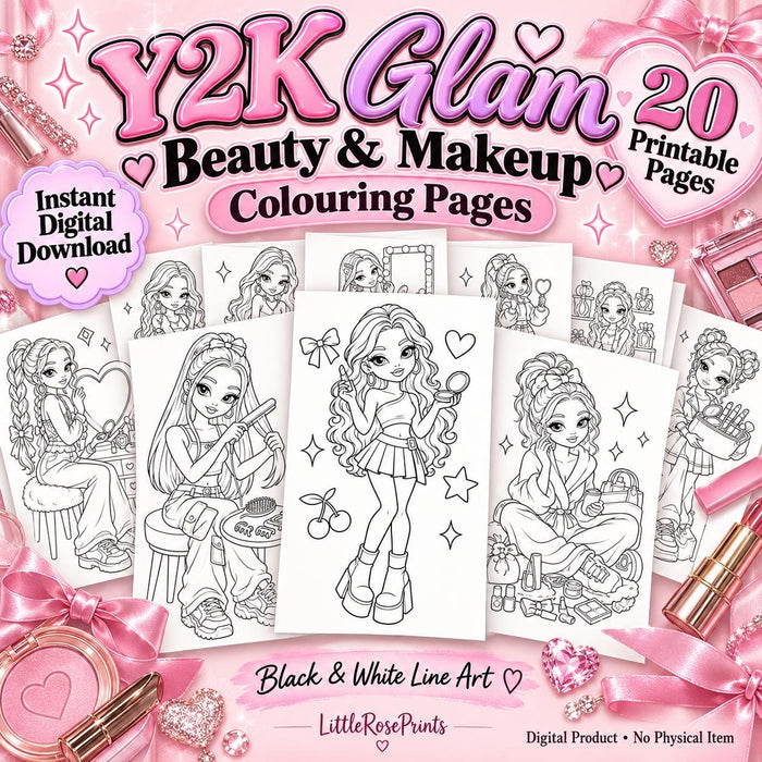 Y2K Glam Beauty Colouring Pages | 20 Printable Makeup Coloring Sheets | Fashion Girl Digital Download | PDF PNG Bundle