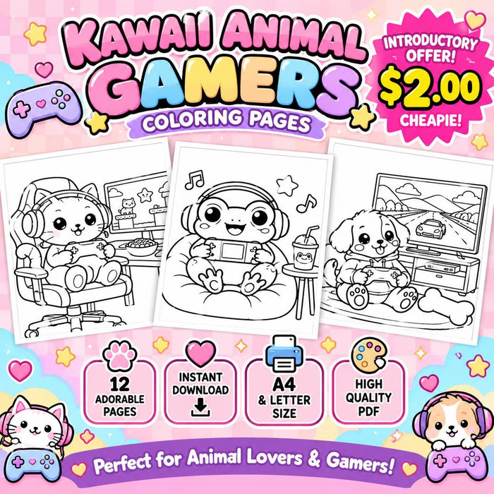 Kawaii Animal Gamers Colouring Pages | 12 Printable Gamer Animals | Kids Colouring PDF | A4 & US Letter | Instant Download