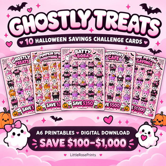 Halloween Savings Challenge Bundle | 10 Cute A6 Cash Stuffing Cards | Printable Budget Binder Inserts | Pink Ghostly Treats Digital Download