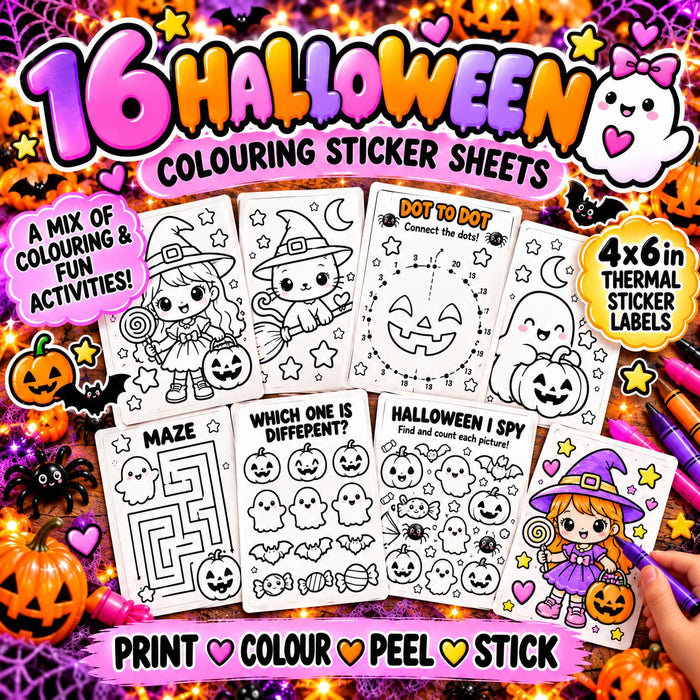 Halloween Colouring Sticker Sheets for Kids | 16 Pack 4x6 Thermal Sticker Labels | Halloween Activity Pack | Party Bag Filler